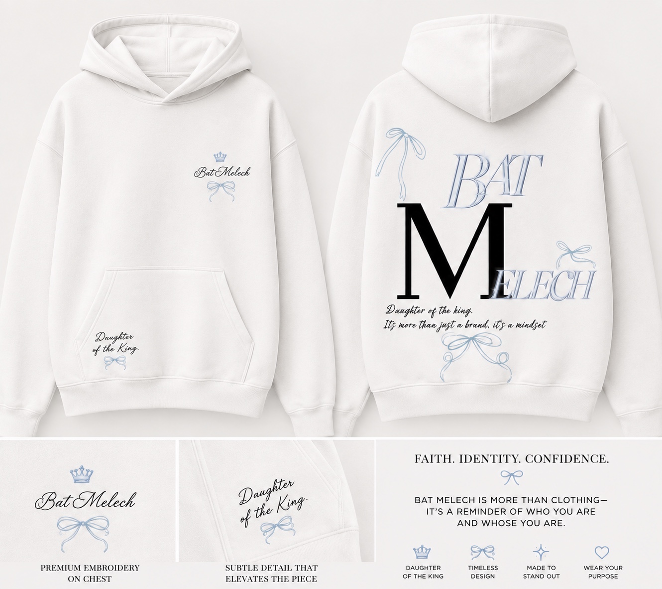 Bat Melech white hoodie, front and back
